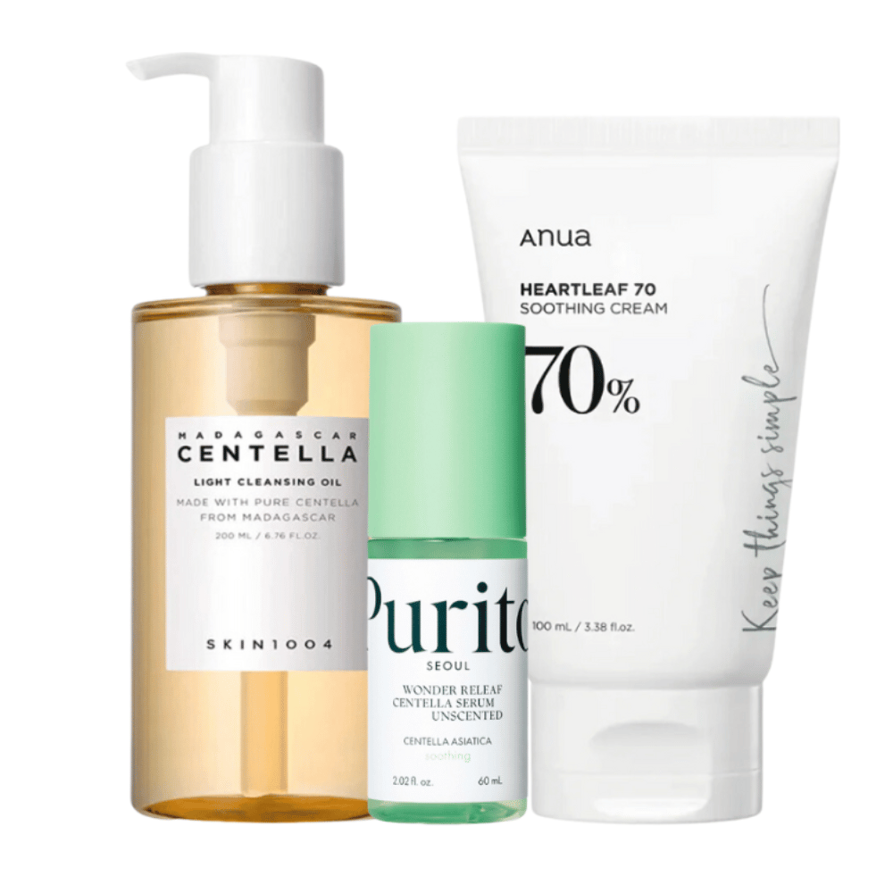 To Zestaw do pielęgnacji skóry zawiera trzy kroki do promiennej skóry: SKIN1004 Madagascar Centella Light Cleansing Oil dla delikatnego oczyszczania, Purito Wonder Relief Centella Serum dla nawilżenia oraz Anua Heartleaf 70 Soothing Cream dla kojącej pielęgnacji. Idealny do codziennego użytku.