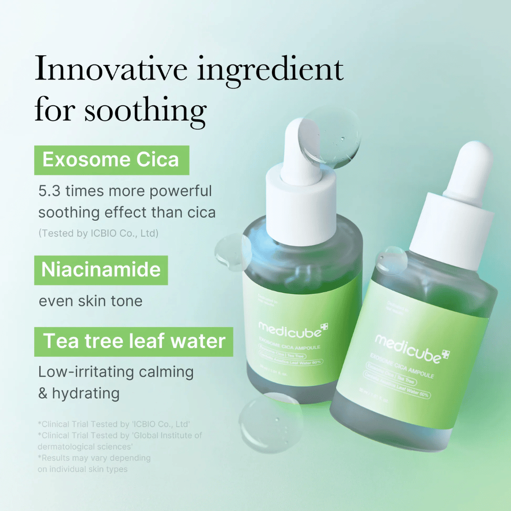 Dwie butelki Medicube Exosome Cica Ampoule, sformułowane z Exosome Cica, niacynamidem i tea tree leaf water dla efektu kojącego.