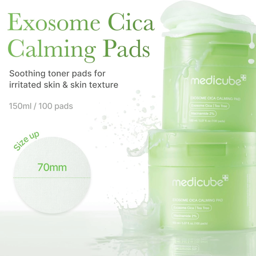 Medicube Exosome Cica Calming Pads w zielonym opakowaniu, łagodzące płatki tonizujące z niacynamidem i tea tree dla podrażnionej skóry, 150 ml/100 płatków.
