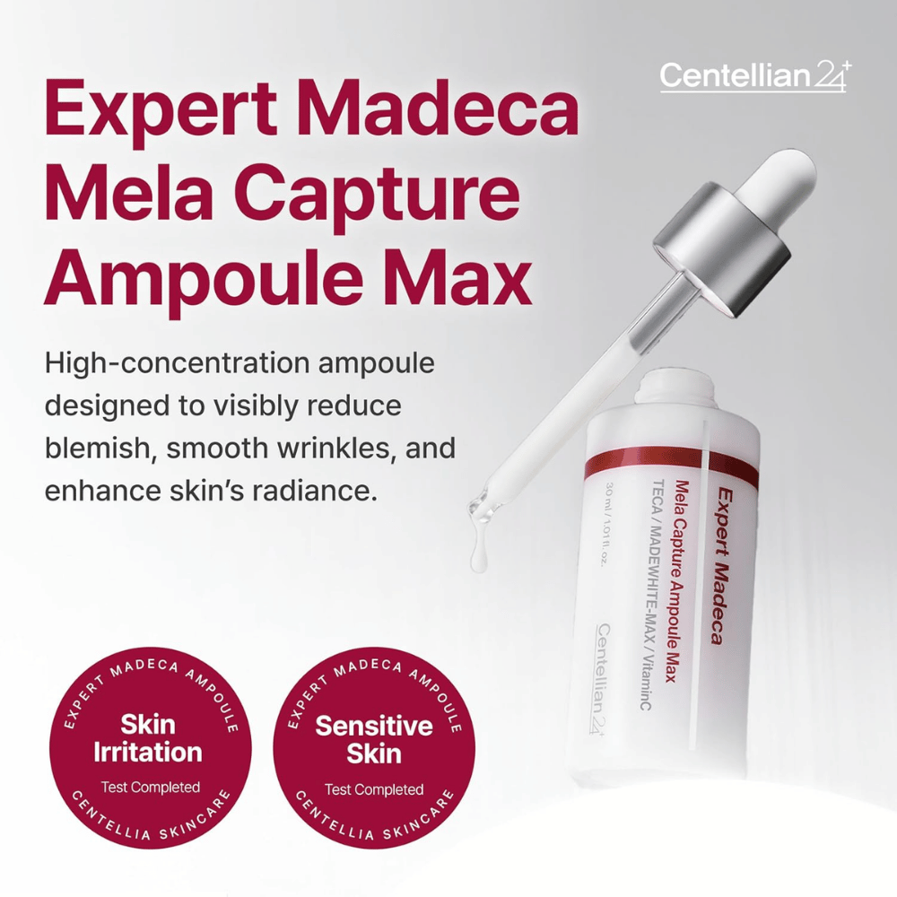 Centellian24 Expert Madeca Mela Capture Ampoule Max 30 ml – skoncentrowana koreańska ampułka na przebarwienia, drobne linie i poprawę blasku skóry.