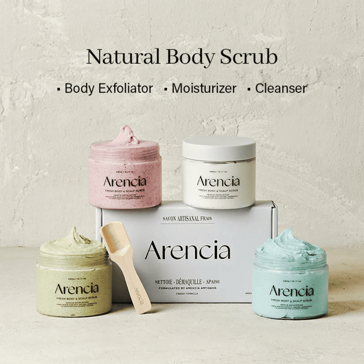 Cztery warianty Arencia Fresh Body & Scalp Scrub zaprezentowane razem, naturalny peeling do ciała i skóry głowy do złuszczania i nawilżania.