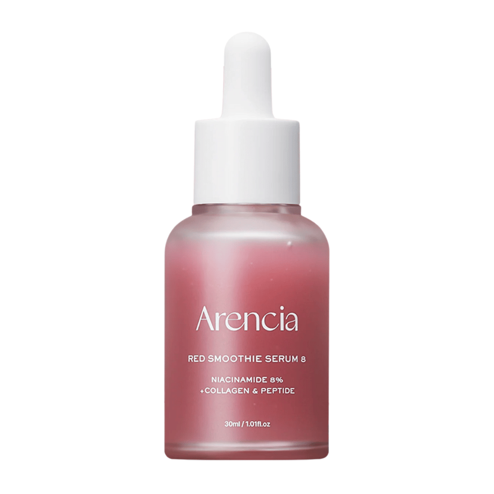 Arencia Red Smoothie Serum 8 w szklanej butelce z pipetą, 30 ml. Różowe serum z niacynamidem, kolagenem i peptydami, które wzmacnia barierę skórną i zwiększa elastyczność.