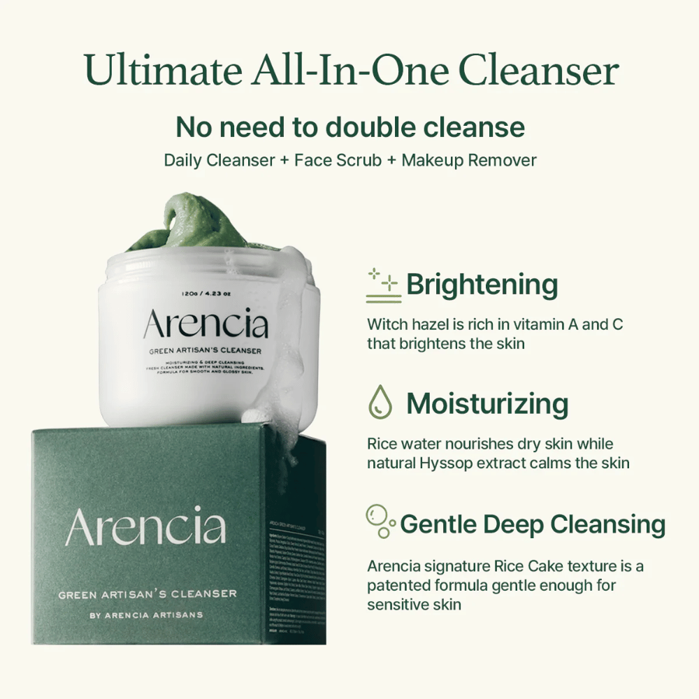 Arencia Green Artisan's Cleanser przedstawiony z słoikiem i pudełkiem. Tekst podkreśla Zalety: Rozjaśnianie (witamina A i C), Nawilżanie (woda ryżowa i hyzop), Delikatne głębokie oczyszczanie z opatentowaną teksturą ryżową.