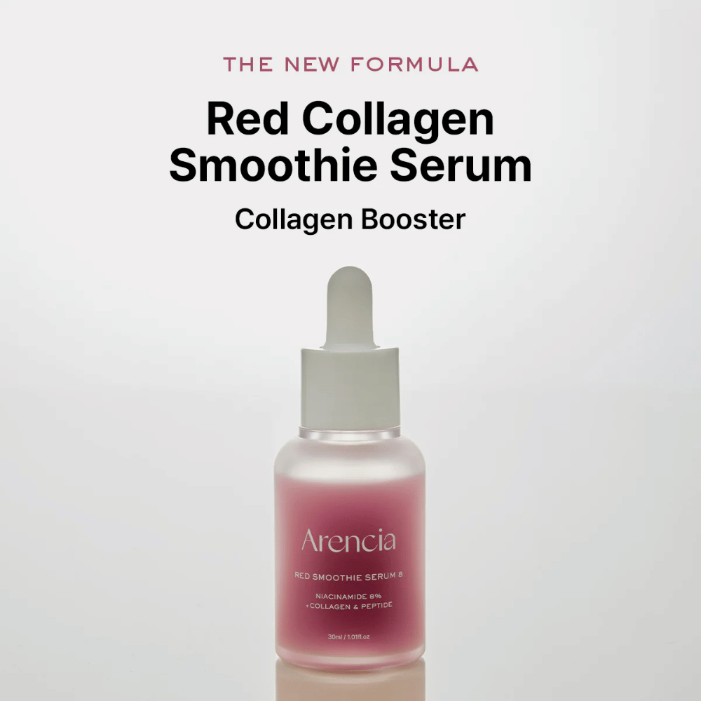 Arencia Red Smoothie Serum 8 jest przedstawiane jako "Red Collagen Smoothie Serum", potężny booster kolagenowy z 8% niacynamidem, kolagenem i peptydami.
