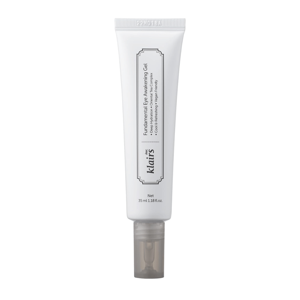 Wycięte zdjęcie produktowe Klairs Fundamental Eye Awakening Gel na białym tle. Tubka jest pokazana z przodu, aby wyraźnie zaprezentować nazwę produktu, pojemność oraz czysty, minimalistyczny design charakterystyczny dla produktów Klairs.