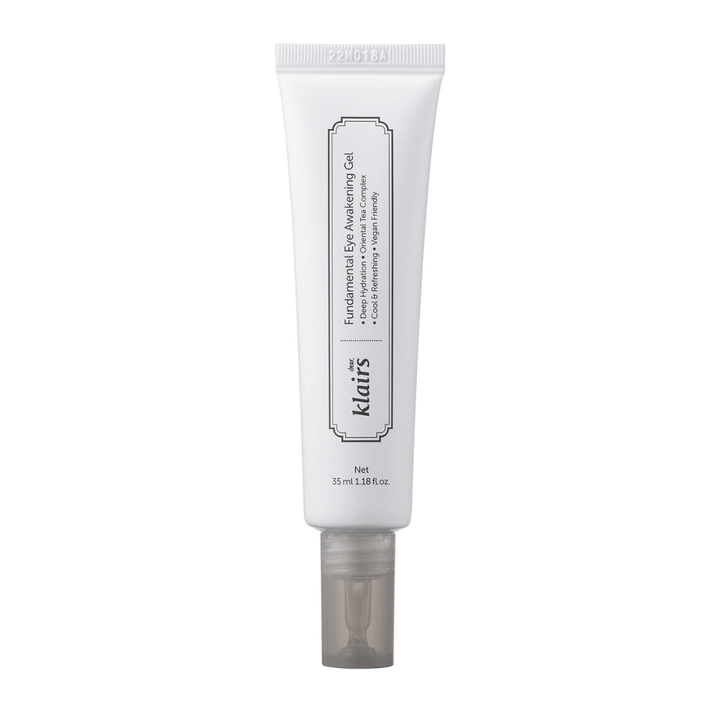 Wycięte zdjęcie produktowe Klairs Fundamental Eye Awakening Gel na białym tle. Tubka jest pokazana z przodu, aby wyraźnie zaprezentować nazwę produktu, pojemność oraz czysty, minimalistyczny design charakterystyczny dla produktów Klairs.