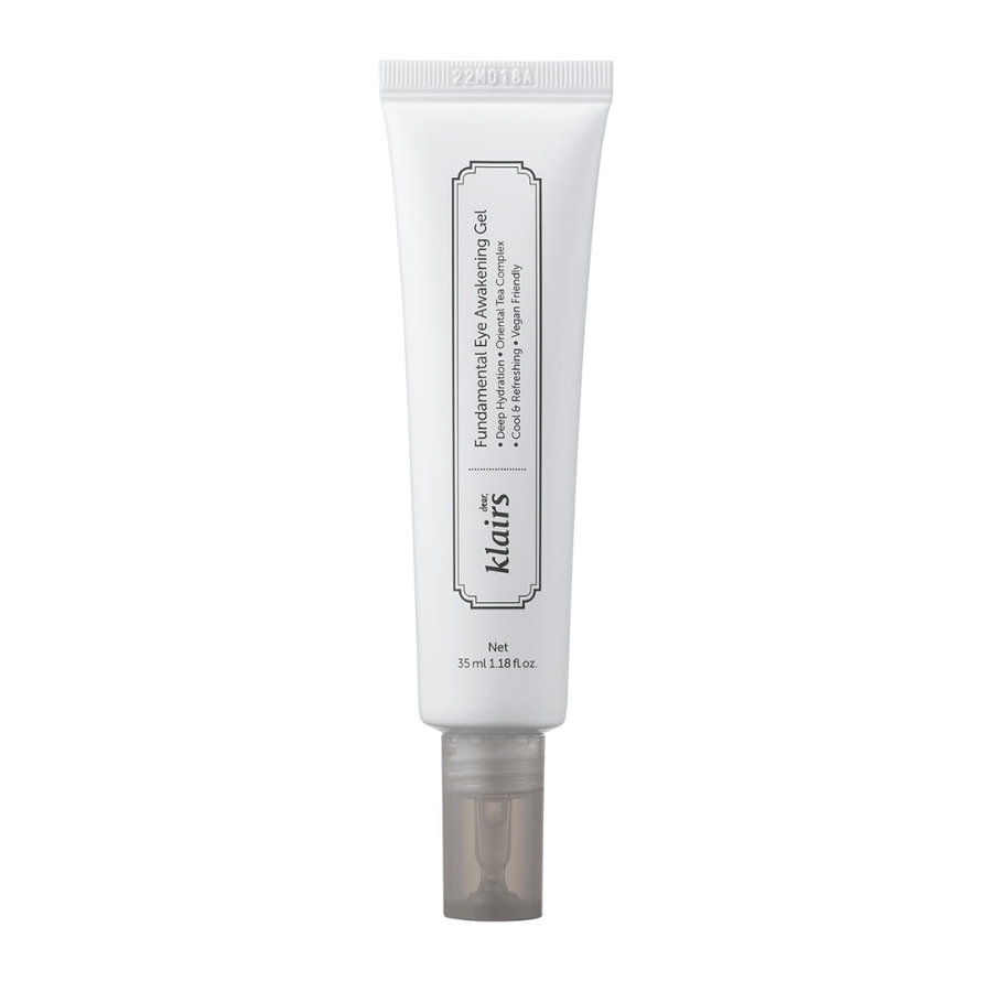 Wycięte zdjęcie produktowe Klairs Fundamental Eye Awakening Gel na białym tle. Tubka jest pokazana z przodu, aby wyraźnie zaprezentować nazwę produktu, pojemność oraz czysty, minimalistyczny design charakterystyczny dla produktów Klairs.