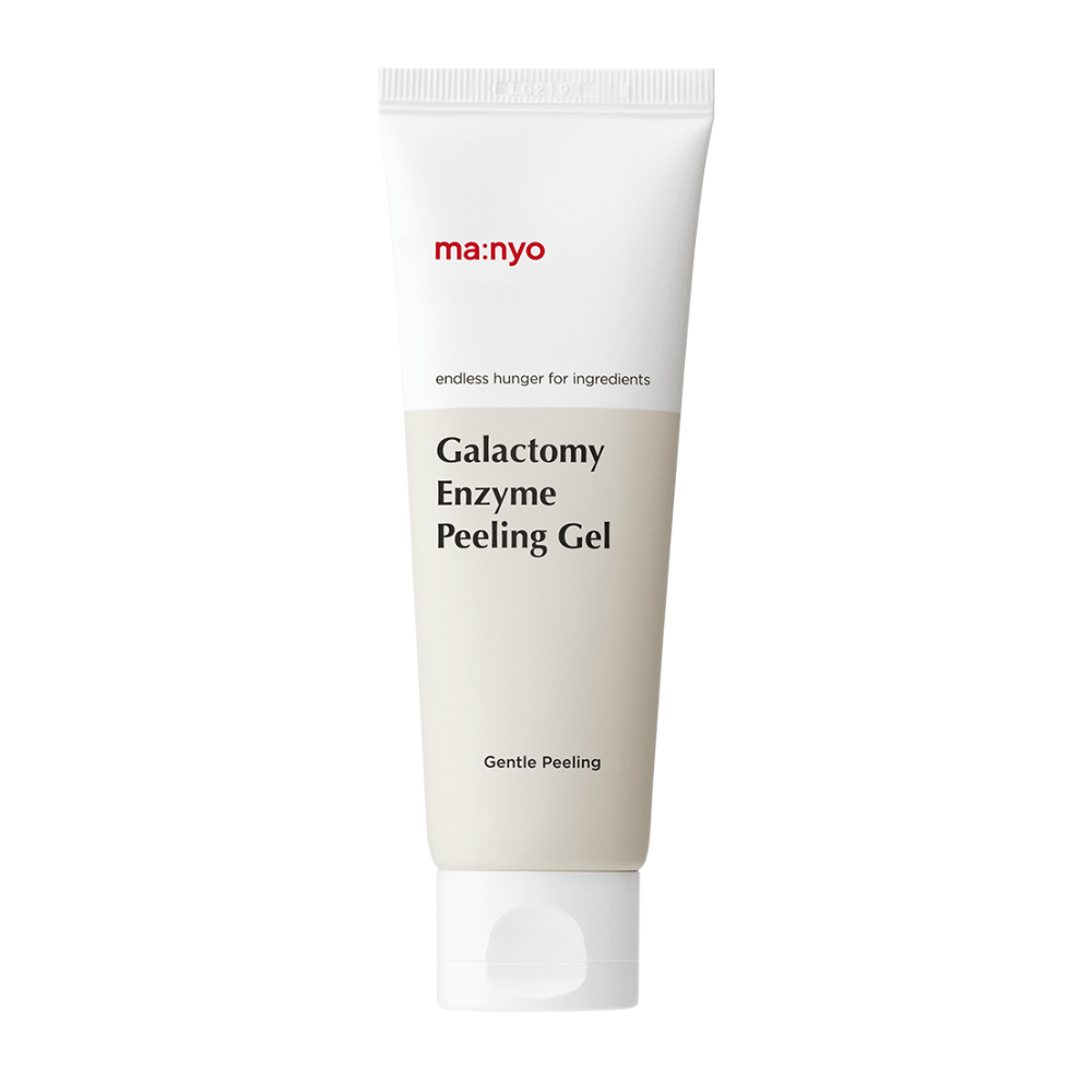 ma:nyo Galactomy Enzyme Peeling Gel, delikatny peelingujący żel złuszczający w białej i beżowej tubie na białym tle.