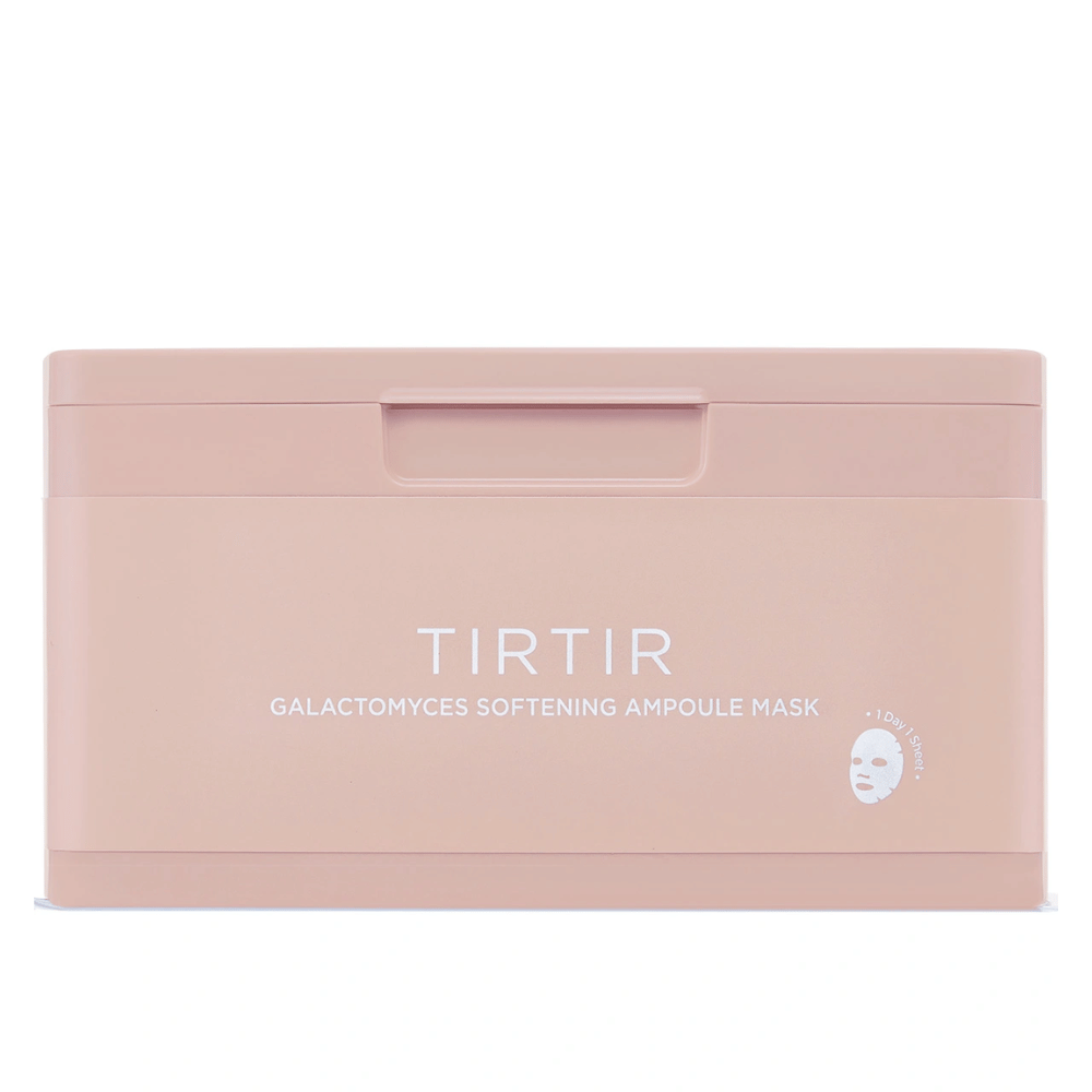 Różowy pojemnik z napisem "TIRTIR GALACTOMYCES SOFTENING AMPOULE MASK" i małą ikoną Maseczka w płachcie, zaprojektowany do przechowywania kilku masek na twarz.