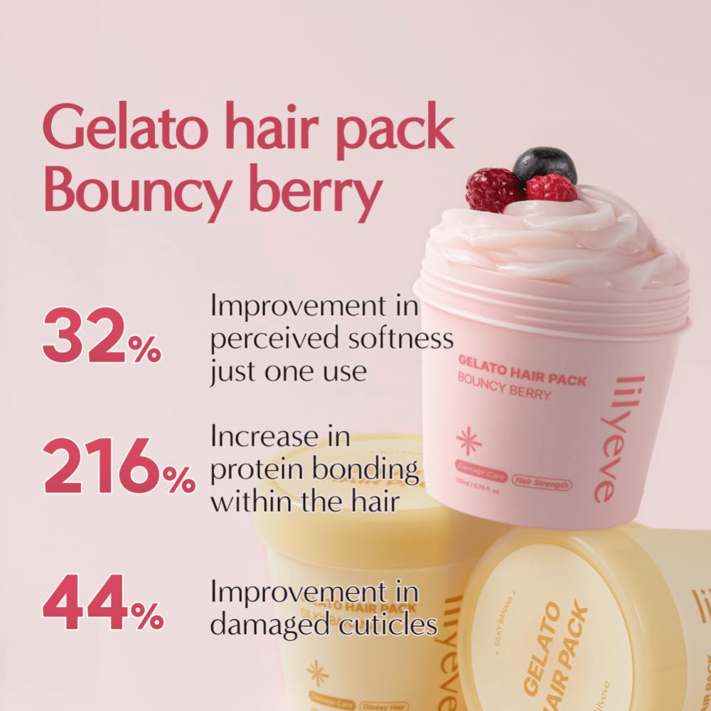 LILYEVE Gelato Hair Pack Bouncy Berry – wzmacniająca maska proteinowa dla bardziej miękkich włosów i pielęgnacji zniszczonych pasm.