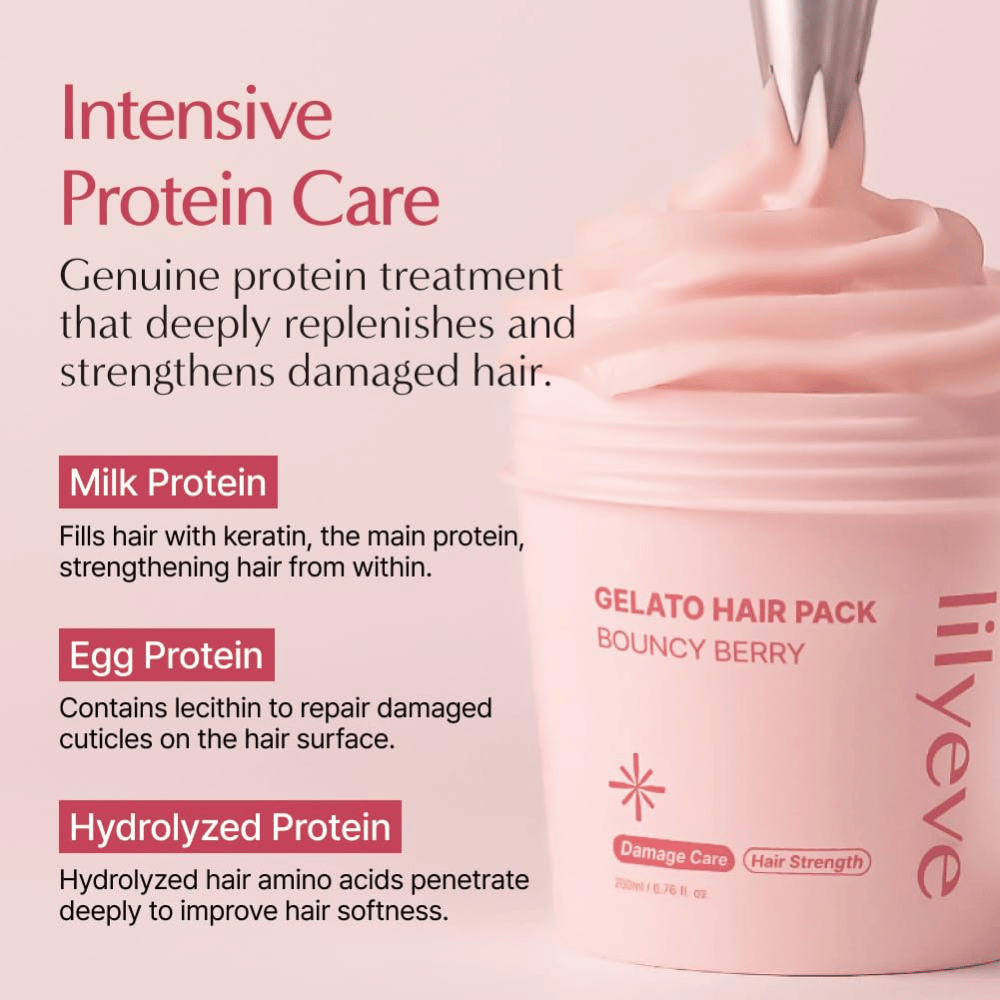 LILYEVE Gelato Hair Pack Bouncy Berry z proteinami mleka, proteinami jaj i hydrolizowanym białkiem do intensywnej pielęgnacji zniszczonych włosów.