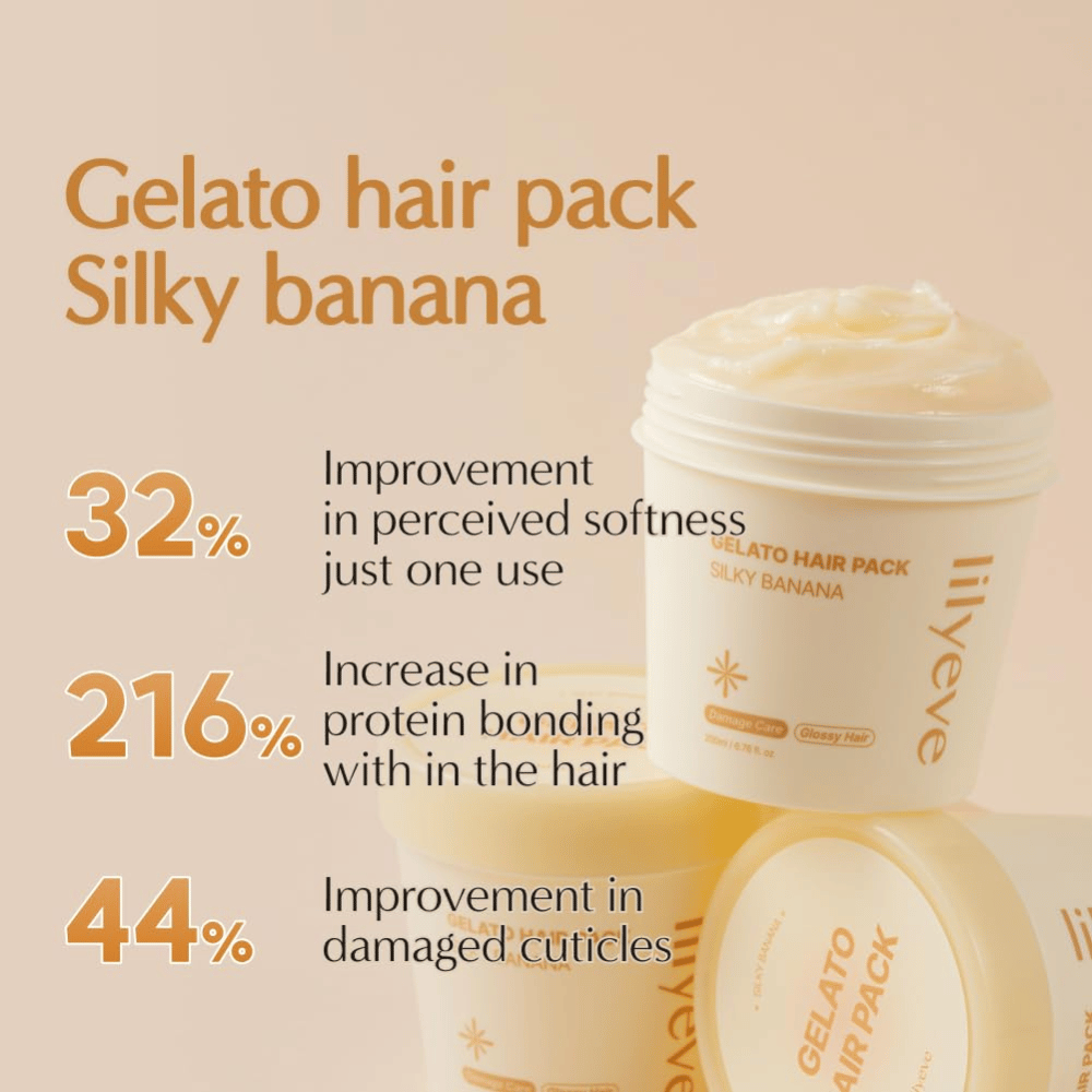 LILYEVE Gelato Hair Pack Silky Banana – bogata w proteiny maska do włosów dla bardziej miękkich włosów, blasku i pielęgnacji zniszczonych pasm.