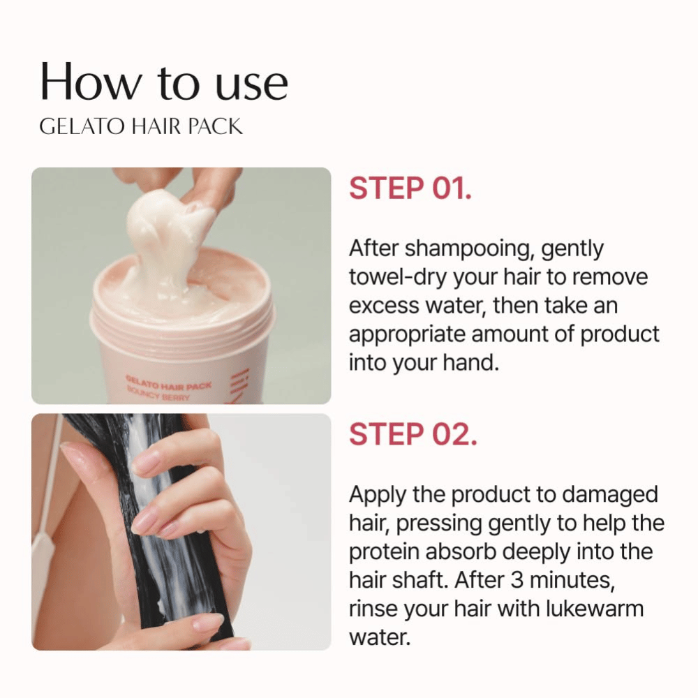 Tak używać LILYEVE Gelato Hair Pack – nałóż maskę na osuszone ręcznikiem włosy, pozostaw na 3 minuty i spłucz.