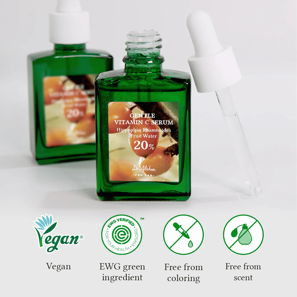 Dr.Althea Gentle Vitamin C Serum jest wegański i zweryfikowany przez EWG dla bezpiecznych i przyjaznych dla środowiska składników. Wolny od barwników i perfum, co czyni go idealnym dla skóry wrażliwej. Zawiera 20% wody z rokitnika, aby nawilżać, rozjaśniać i chronić skórę.