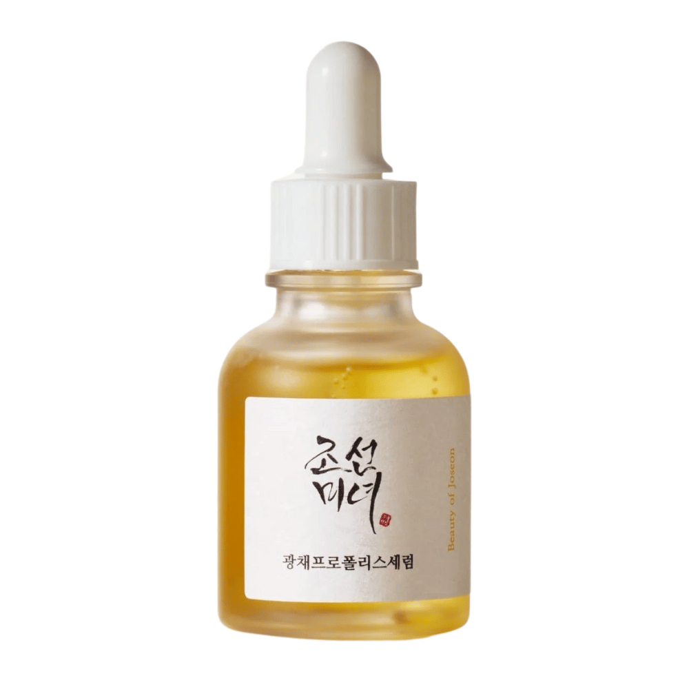 Butelka Beauty of Joseon Glow Serum z białą pipetą i złotym serum, rozświetlający produkt z propolisem i niacynamidem.