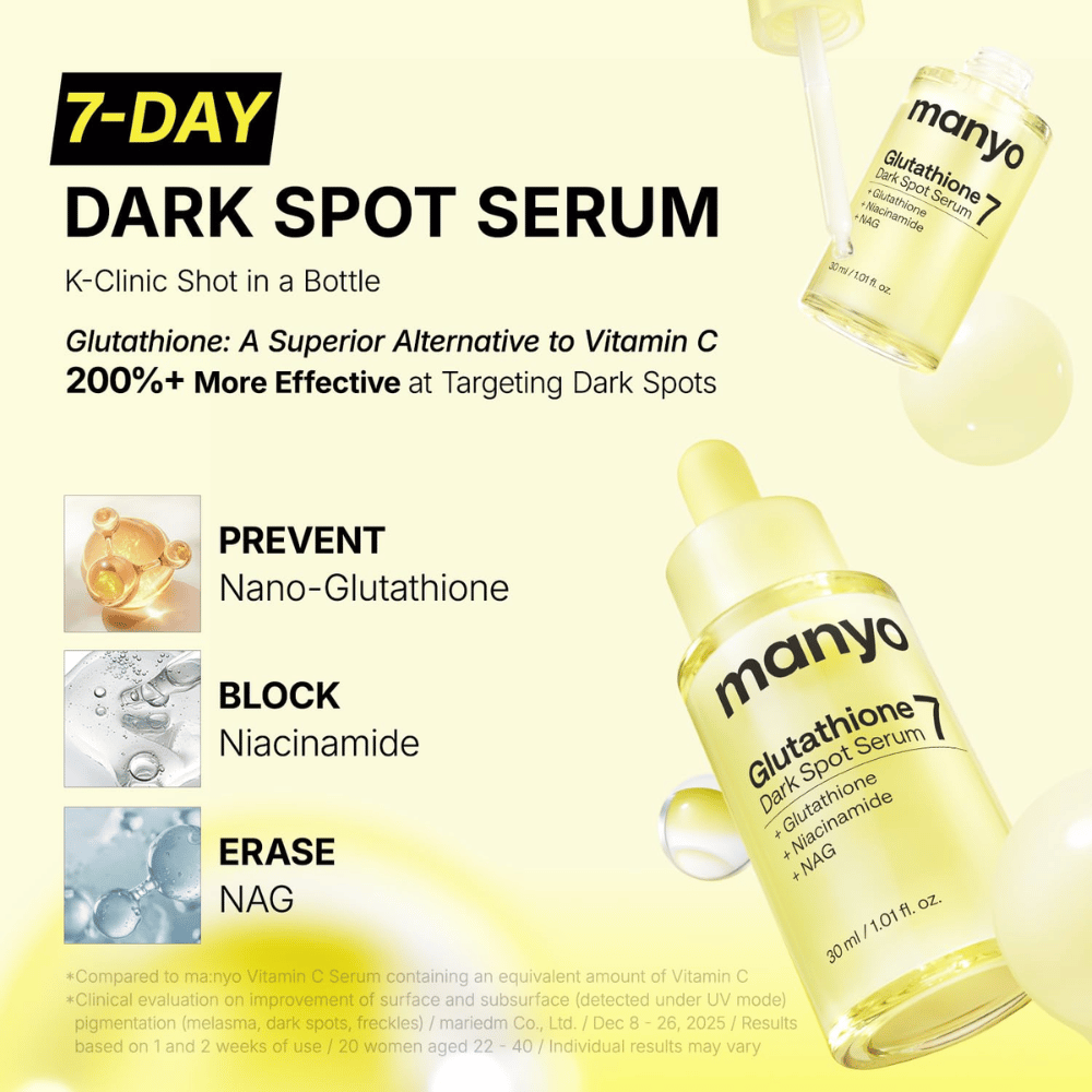 Ma:nyo Glutathione 7 Dark Spot Serum do intensywnej pielęgnacji przebarwień z glutationem, niacynamidem i NAG