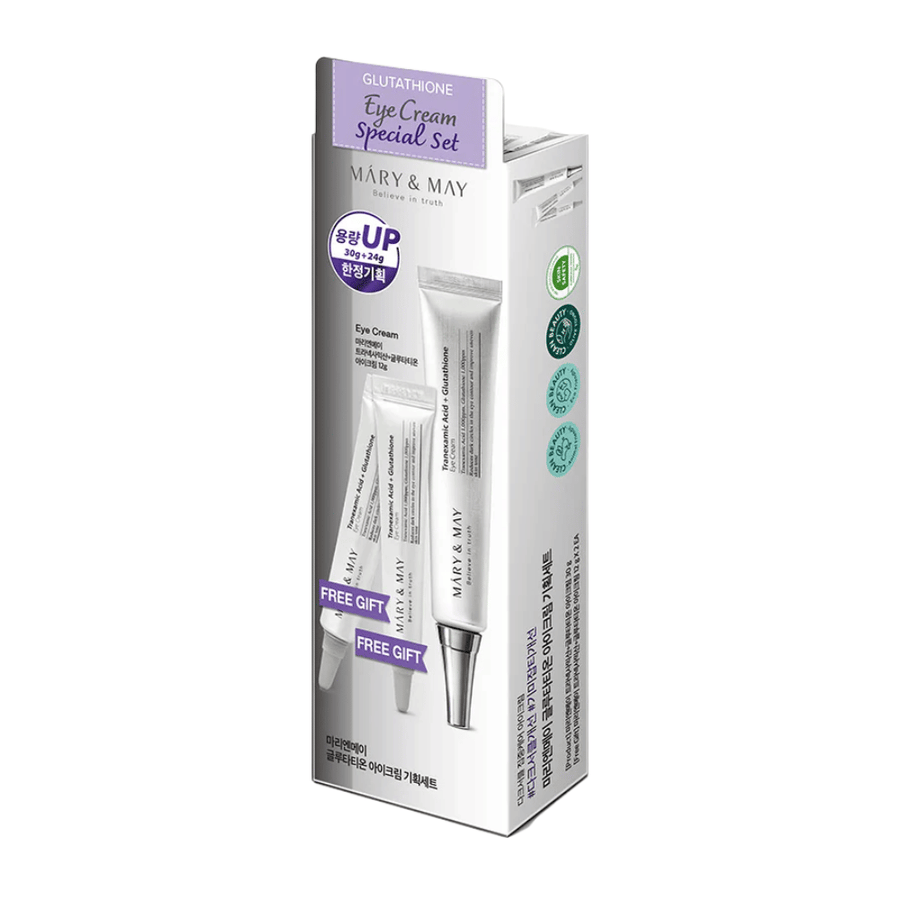Mary&May Glutathione Eye Cream Special Set z produktami bonusowymi, popularny zestaw K-beauty do intensywnego rozjaśniania i pielęgnacji skóry wokół oczu.