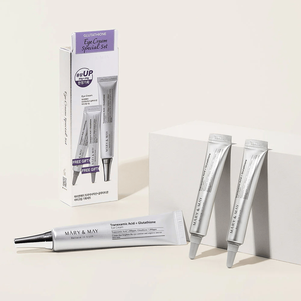 Mary&May Tranexamic Acid + Glutathione Eye Cream Special Set z oryginalnym opakowaniem i dodatkowymi tubkami, kompletny zestaw do rozświetlającej i wyrównującej pielęgnacji oczu.