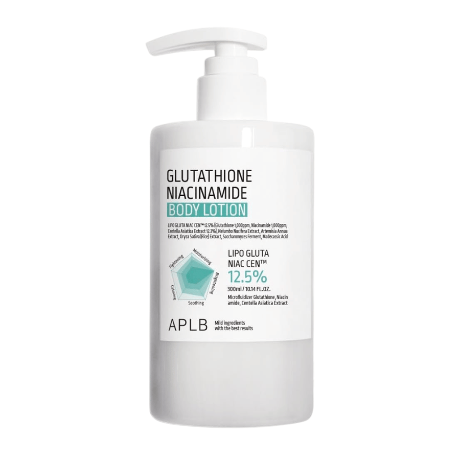 APLB Glutathione Niacinamide Body Lotion zdjęcie produktu z butelką z pompką i zaawansowaną formułą zapewniającą nawilżenie, blask i poprawę elastyczności skóry