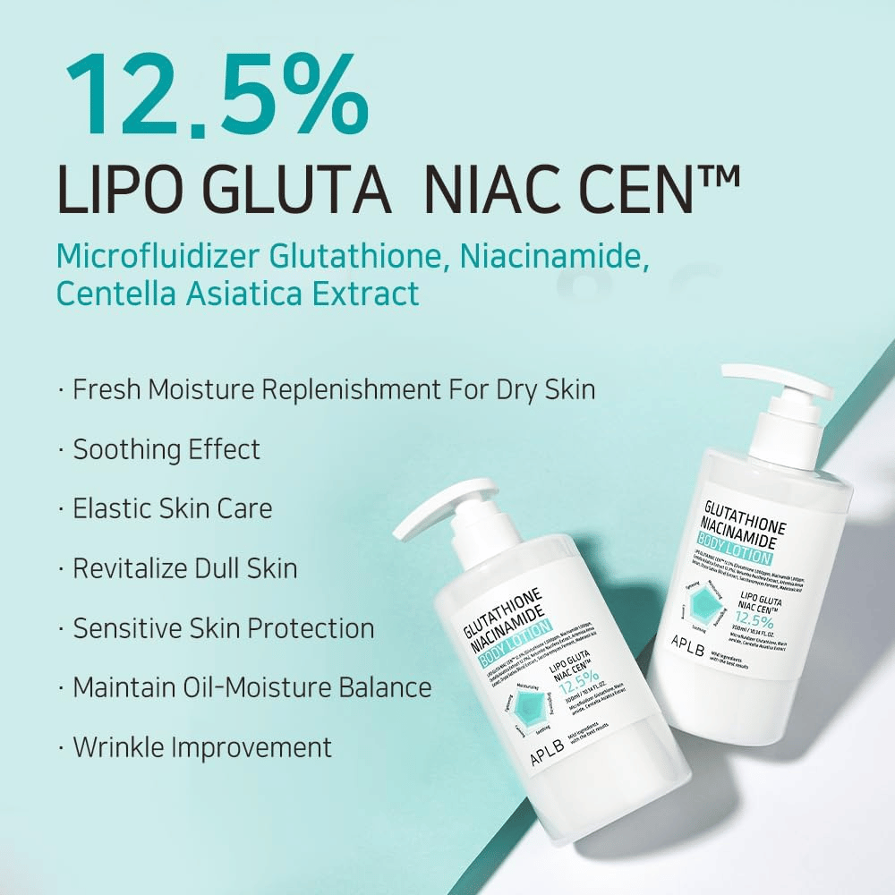 APLB Glutathione Niacinamide Body Lotion 12,5% Lipo Gluta Niac Cent z nawilżeniem, równowagą skóry, działaniem przeciwstarzeniowym i ochroną dla wrażliwej skóry