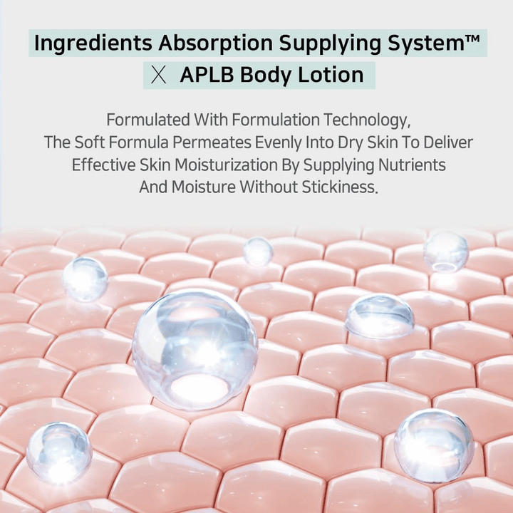 APLB body lotion z Ingredients Absorption Supplying System, który przenika w głąb skóry i zapewnia intensywne nawilżenie bez uczucia lepkości