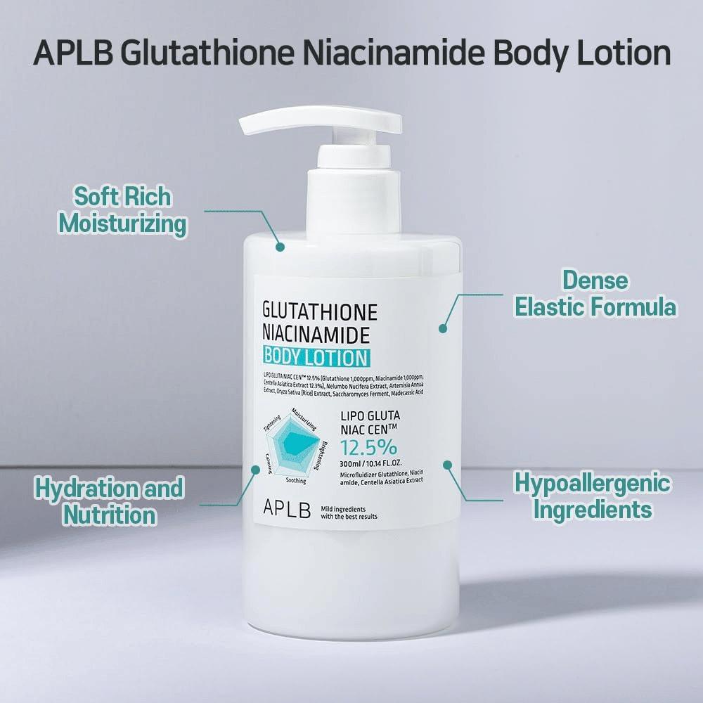 APLB Glutathione Niacinamide Body Lotion butelka z pompką z nawilżającą, elastyczną formułą i hipoalergicznymi składnikami dla miękkiej i odżywczej pielęgnacji skóry