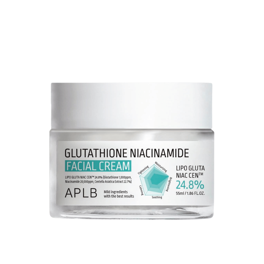APLB Glutathione Niacinamide Facial Cream w słoiczku z lekką formułą, która nawilża, wyrównuje koloryt skóry i nadaje jej większy blask