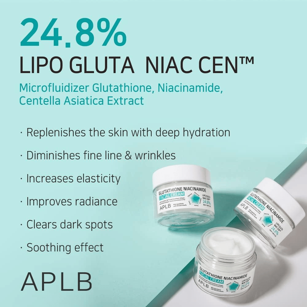 APLB Glutathione Niacinamide Facial Cream 24,8% Lipo Gluta Niac Cent z głębokim nawilżeniem, działaniem przeciwstarzeniowym i poprawą kolorytu skóry
