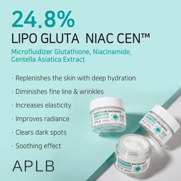 APLB Glutathione Niacinamide Facial Cream 24,8% Lipo Gluta Niac Cent z głębokim nawilżeniem, działaniem przeciwstarzeniowym i poprawą kolorytu skóry