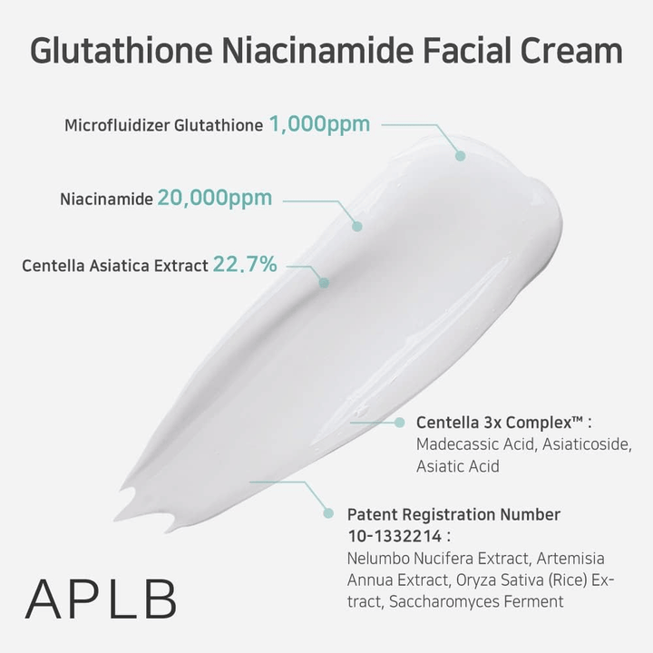 APLB Glutathione Niacinamide Facial Cream z 1000 ppm glutationu, 20000 ppm niacynamidu i 22,7% centella asiatica dla nawilżenia i efektu kojącego