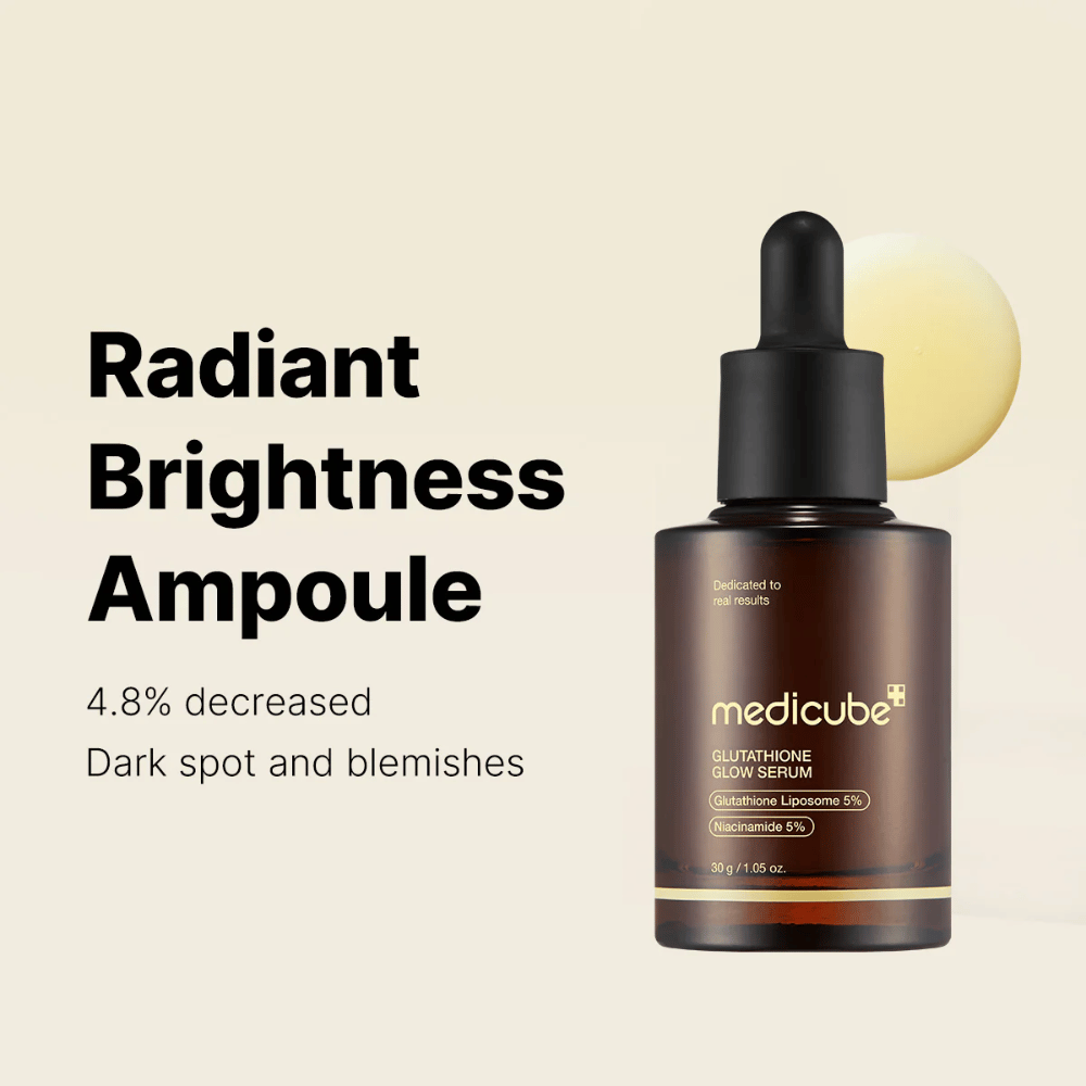 Medicube Radiant Brightness Ampoule – Glutathione Glow Serum z 5% liposomem glutationu i 5% niacynamidem. Zmniejsza ciemne plamy i nierówny koloryt skóry, zapewniając promienny blask.