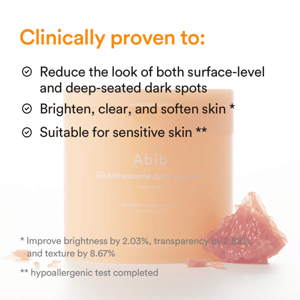 Abib Glutathiosome Dark Spot Pad Vita Touch z klinicznie potwierdzonymi korzyściami dla blasku i pigmentacji.