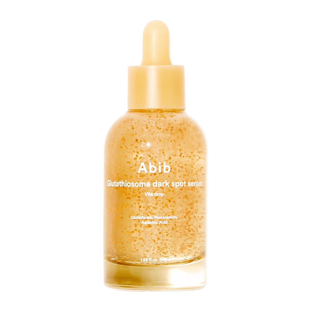 Zdjęcie produktu Abib Glutathiosome Dark Spot Serum Vita Drop w przezroczystej szklanej butelce z żółtą pipetą i widocznymi mikrokapsułkami w serum.