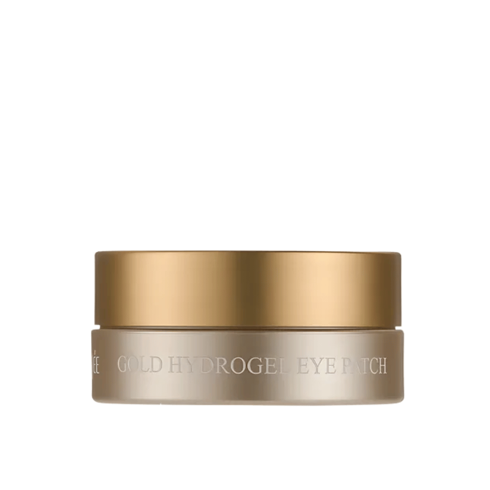 Wyodrębnione zdjęcie produktu PETITFEE Gold Hydrogel Eye Patch w eleganckim słoiczku w złotym kolorze na jasnym tle. Design sprawia ekskluzywne i luksusowe wrażenie.