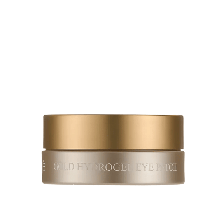 Wyodrębnione zdjęcie produktu PETITFEE Gold Hydrogel Eye Patch w eleganckim słoiczku w złotym kolorze na jasnym tle. Design sprawia ekskluzywne i luksusowe wrażenie.