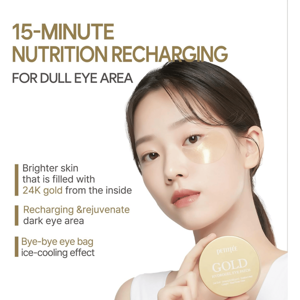 Zdjęcie promocyjne z modelką używającą PETITFEE Gold Hydrogel Eye Patch pod okiem. Nacisk położono na nadanie blasku, ożywienie zmęczonej skóry oraz zmniejszenie widoczności cieni i opuchlizny pod oczami.