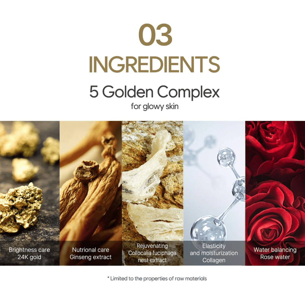 Grafika informacyjna o „5 Golden Complex” ze składnikami takimi jak złoto 24K, ekstrakt z żeń-szenia, ekstrakt z ptasiego gniazda, kolagen i woda różana. Nacisk położono na blask, elastyczność i nawilżenie.