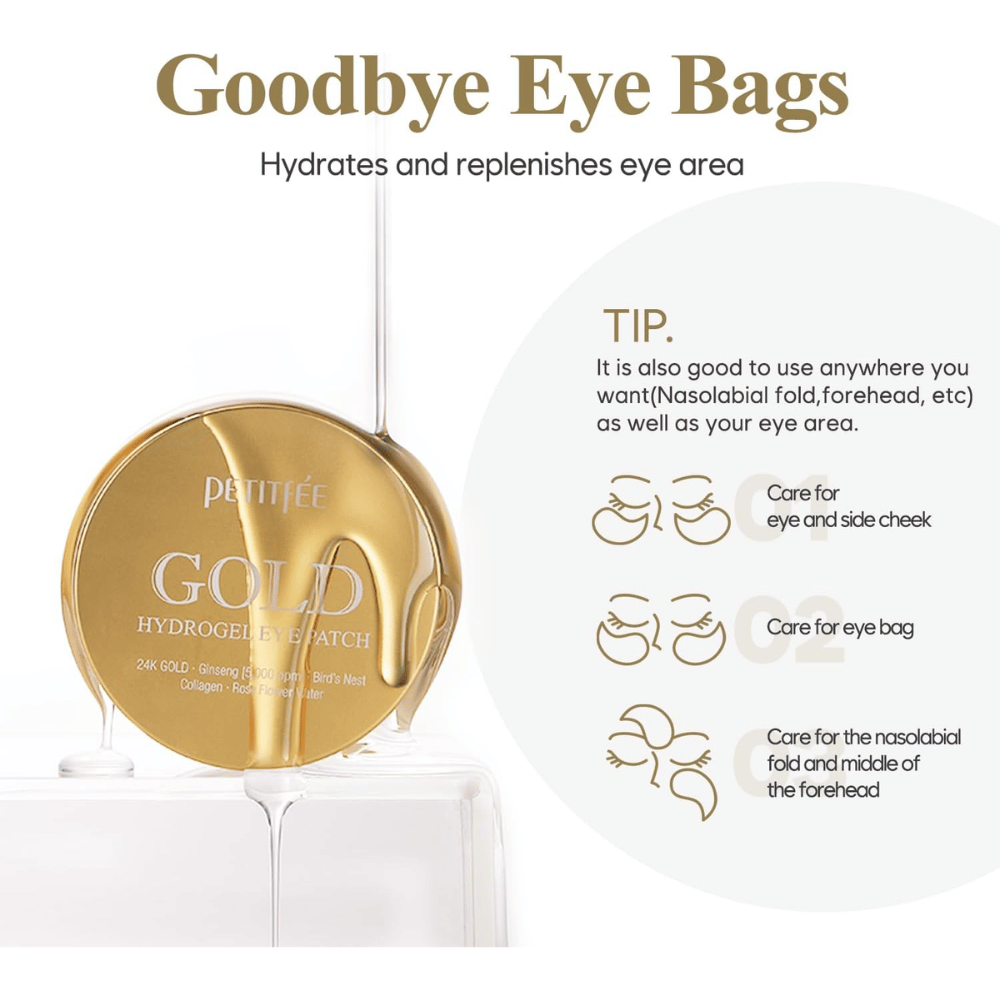 Zdjęcie produktu PETITFEE Gold Hydrogel Eye Patch z naciskiem na nawilżenie i pielęgnację okolic pod oczami. Obraz pokazuje również różne obszary zastosowania, takie jak worki pod oczami, okolice policzków i bruzdy nosowo-wargowe.