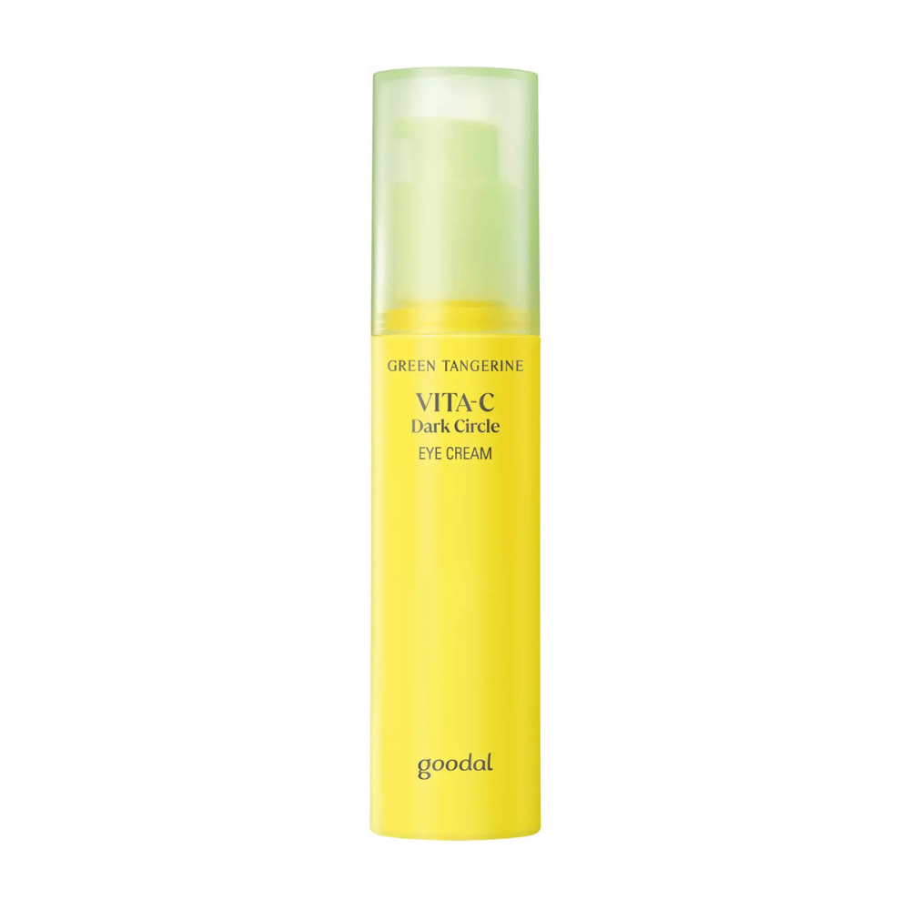 Butelka Goodal Green Tangerine Vita C Dark Circle Eye Cream 30ml na białym tle z witaminą C.