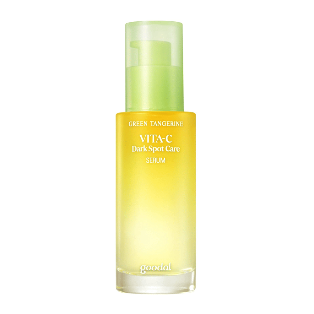 Butelka Green Tangerine Vita C Dark Spot Care Serum 40ml od Goodal na hiperpigmentację na białym tle.