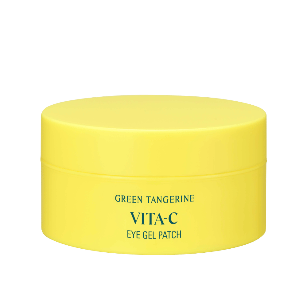 Żółty słoik oznaczony "GREEN TANGERINE VITA-C EYE GEL PATCH", prawdopodobnie maseczki pod oczy zawierające witaminę C.