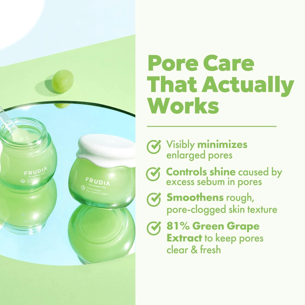 FRUDIA Green Grape Pore Control Cream który widocznie zmniejsza pory, kontroluje błyszczenie się skóry i wygładza strukturę skóry dzięki 81% ekstraktu z zielonych winogron.