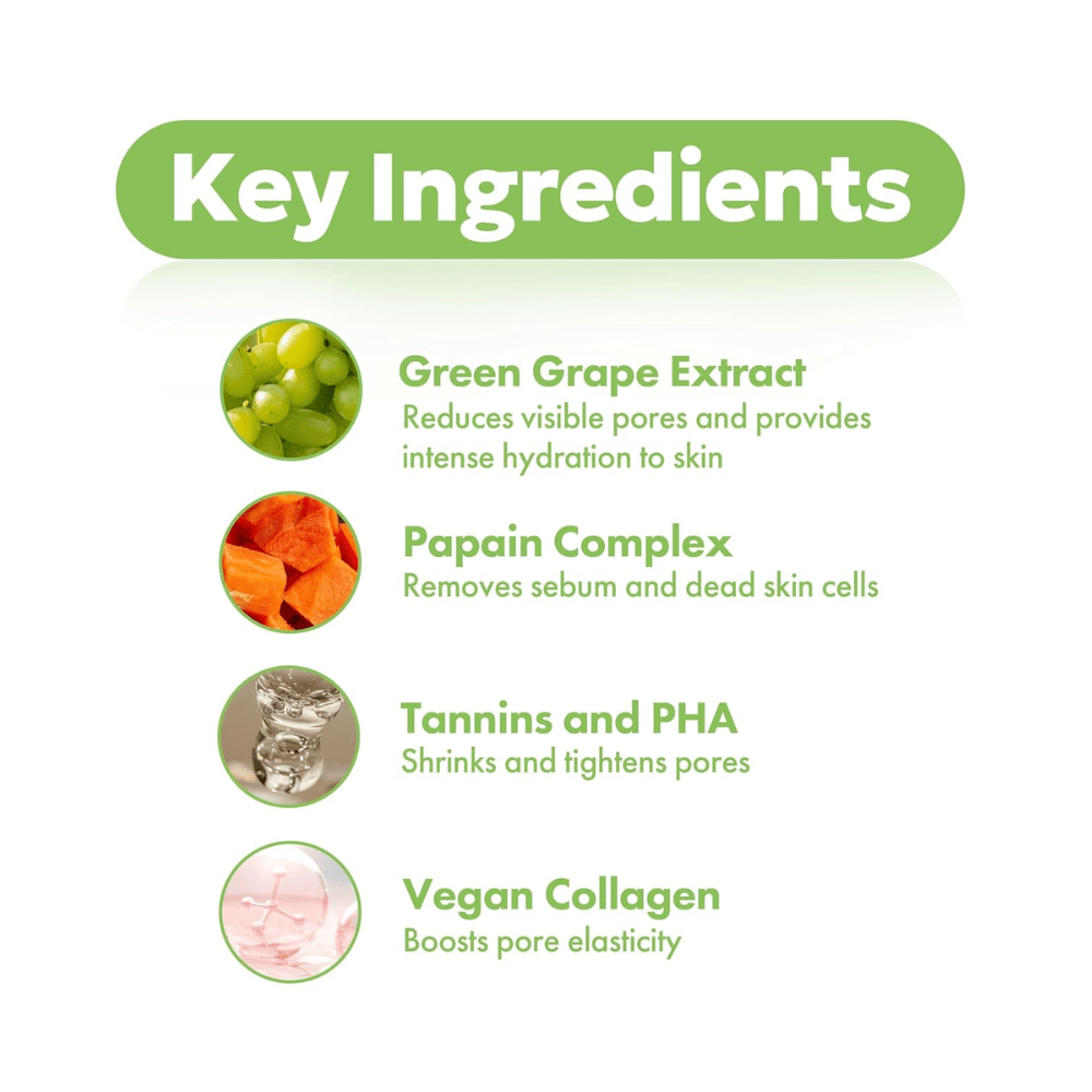 Kluczowe składniki w FRUDIA Green Grape Pore Control Cream z ekstraktem z zielonych winogron, papainą, PHA, taninami i wegańskim kolagenem dla jaśniejszej i gładszej skóry.