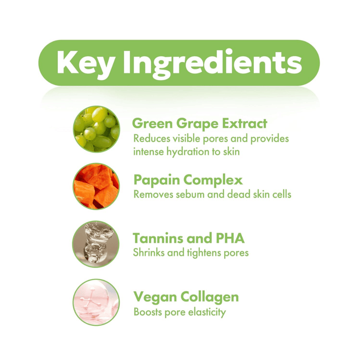 Kluczowe składniki w FRUDIA Green Grape Pore Control Cream z ekstraktem z zielonych winogron, papainą, PHA, taninami i wegańskim kolagenem dla jaśniejszej i gładszej skóry.