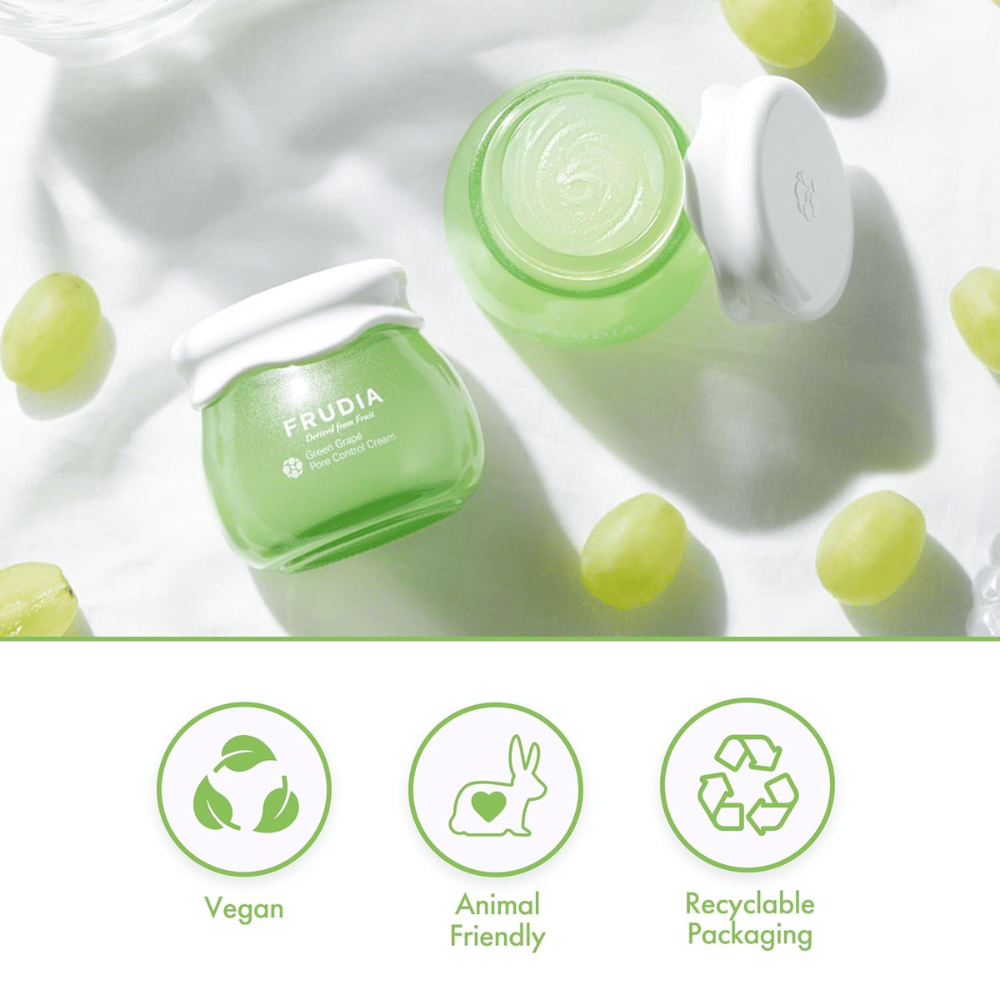 FRUDIA Green Grape Pore Control Cream z ekstraktem z zielonych winogron, wegański krem do twarzy, który minimalizuje pory, balansuje sebum i ma opakowanie nadające się do recyklingu.
