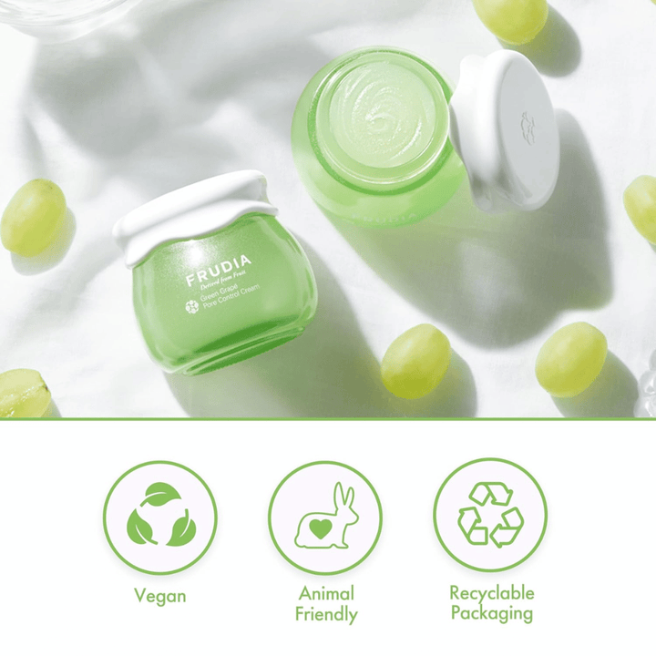 FRUDIA Green Grape Pore Control Cream z ekstraktem z zielonych winogron, wegański krem do twarzy, który minimalizuje pory, balansuje sebum i ma opakowanie nadające się do recyklingu.