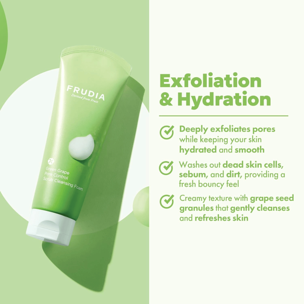 FRUDIA Green Grape Pore Control Scrub Cleansing Foam – złuszczający środek do mycia twarzy z granulatem z pestek winogron, który usuwa brud, sebum i martwe komórki skóry, nie wysuszając skóry.