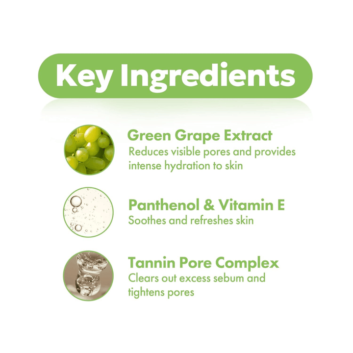 FRUDIA Green Grape Pore Control Scrub Cleansing Foam – kluczowe składniki takie jak ekstrakt z zielonych winogron, pantenol, witamina E i kompleks taninowy dla oczyszczonych i uszlachetnionych porów.
