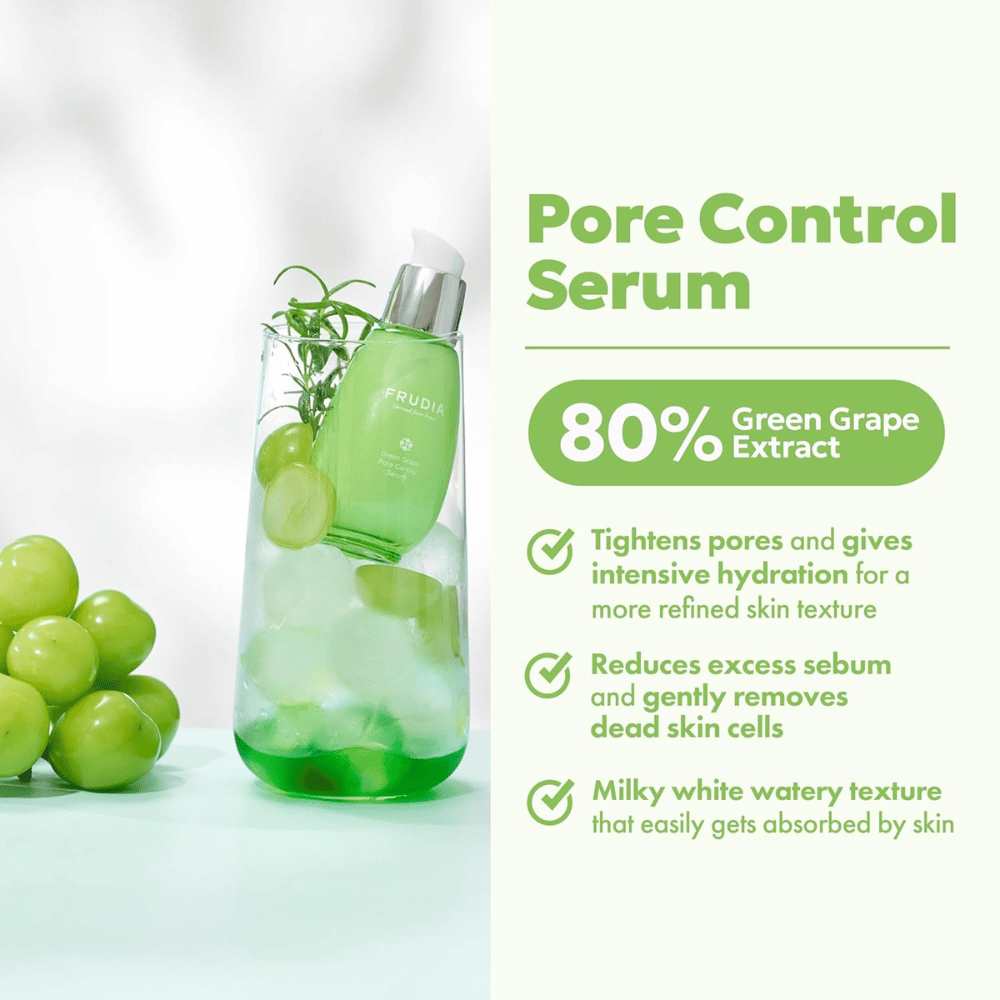 Frudia Green Grape Pore Control Serum który napina pory, zmniejsza nadmiar sebum i szybko się wchłania z lekką, mleczną teksturą dla świeżej i zrównoważonej skóry.