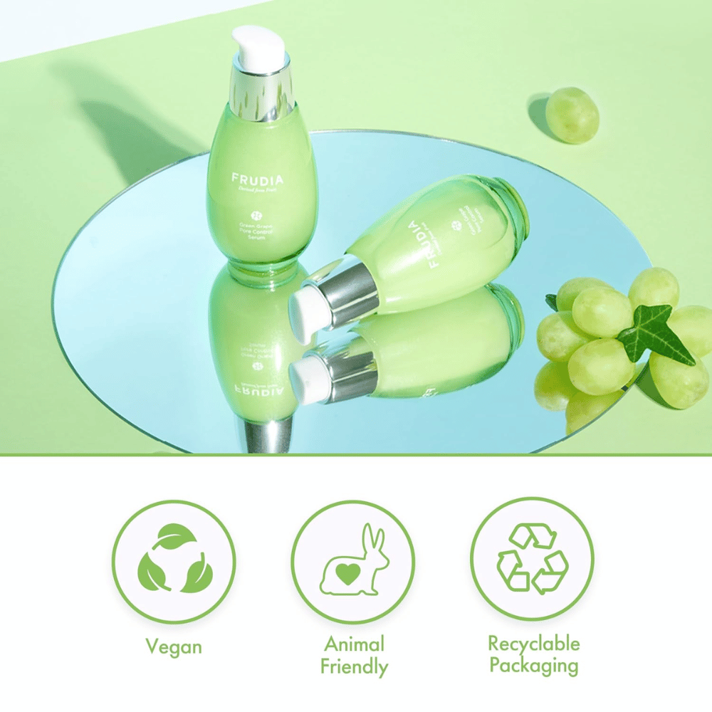 Frudia Green Grape Pore Control Serum z zielonymi winogronami, wegańska formuła, cruelty-free i opakowanie nadające się do recyklingu – koreańska pielęgnacja skóry dla zmniejszenia porów i zrównoważonej skóry.